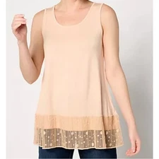 LOGO LAYERS by Lori Goldstein Sleeveless Jersey Tank Tunic Broomstick Lace XXS 