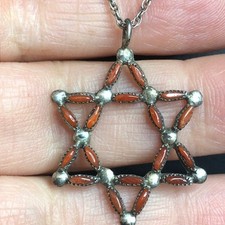 B2236 Vintage Star of David Pendant Sterling Silver Red Coral Needlepoint