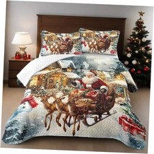 Christmas Quilt Set Sled Santa Claus Snowman Snowflake Queen Snow Scenery