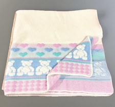Beacon Teddy Bear Hearts Baby Blanket Pastel Knit Acrylic Vintage USA 39x40