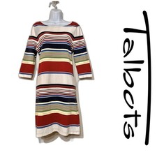 Talbots Nautical Stripe Boat Neck Dress Thick Cotton 3/4 Sleeve Medium Petite