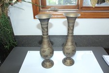 Vintage Solid Brass Vases Set of 2 Hand Decorated Lucky Elephant Design 13-1/4"