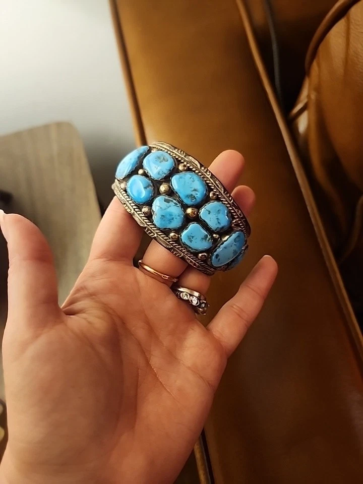 Vintage Navajo Manschette 12 große blaue Türkis Sterlingsilber Indianer  - Bild 4 von 4