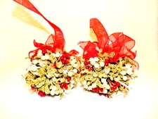 (2) Christmas glitter mistletoe w/ red berries hanging kissing ball 5"ornament