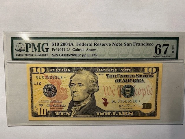 FR.2039-L* 2004-A $10 FW *STAR* SAN FRANCISCO, PMG GEM HOLDER ERROR-67EPQ - Image 3 of 3