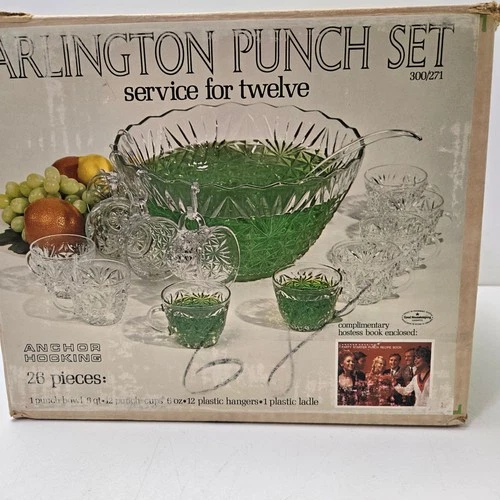 Vintage Anchor Hocking Arlington 26 Piece Punch Bowl Set 12 Cups