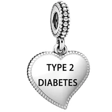 Medical Alert Heart Dangle Charm Laser Engraved Type 2 Diabetes Bead for Europea