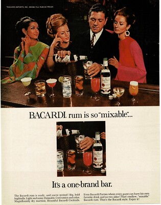 1967 BACARDI RUM Man mixes drinks for 3 women Vintage Print Ad