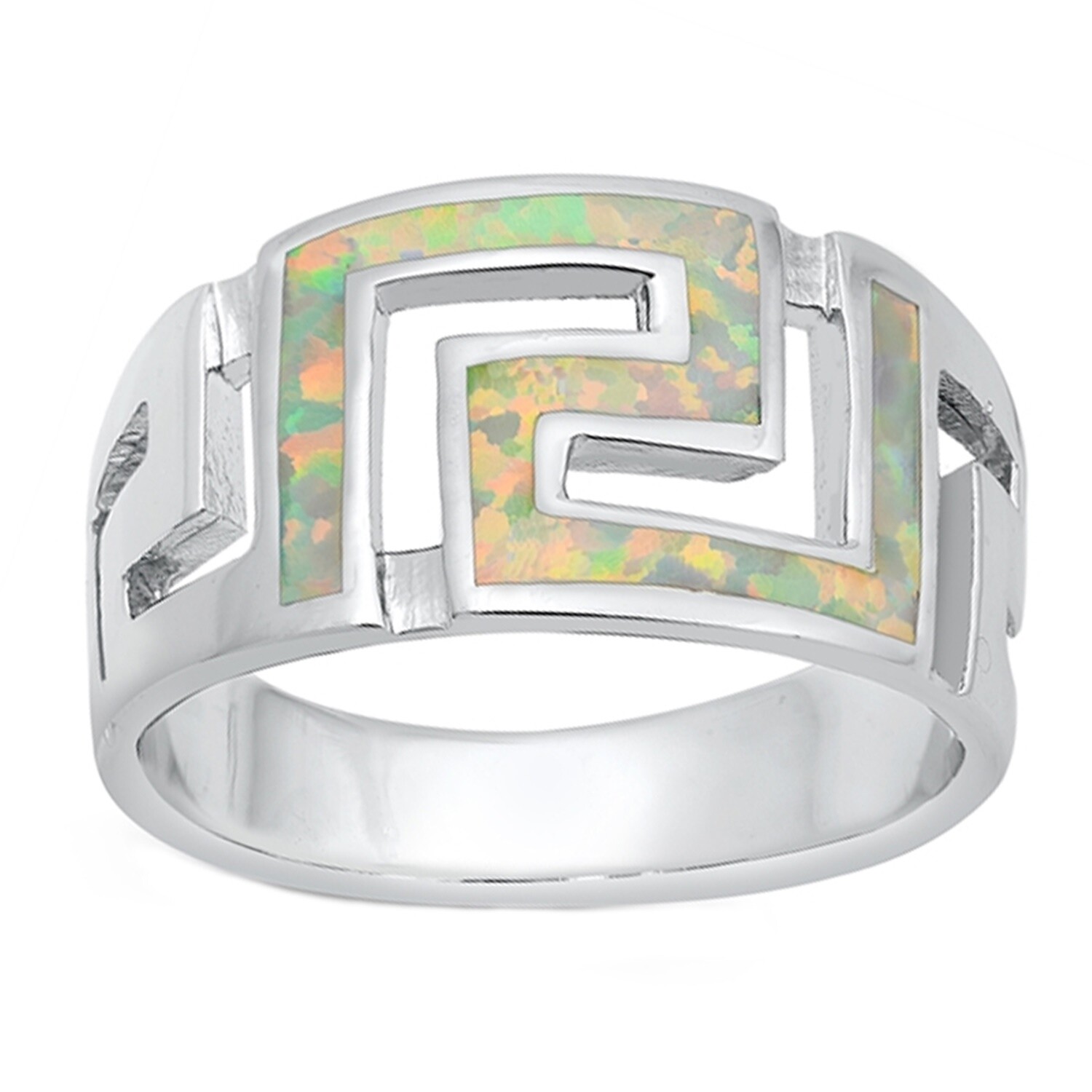 Lab-Created White Opal Greek Key Men's Wedding Band in 925 Sterling Silver - 12mm Size-image