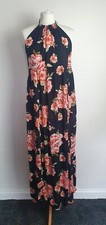 Ladies Black/Pink Floral Sleeveless Halter Summer Maxi Dress 
