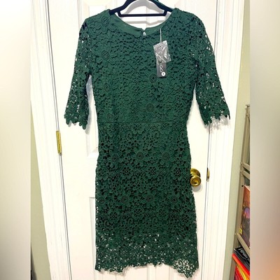 NWT Urban Coco Forest Green 3D Lace over sheath dress w/ 3/4 sleeves Sz S