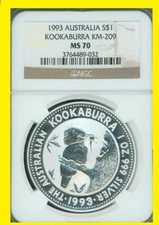 1993  Australia 1 oz silver  Kookaburra PERFECT NGC MS 70 NEW NO SPOTS