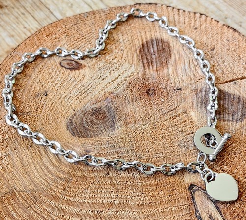 Personalised Silver Heart Charm Toggle Necklace, Heart Pendant Toggle Necklace - Picture 10 of 15