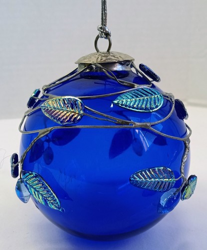 Grande sfera vintage Midwest vetro blu ornamento foglie vetro fiori finestra sfera - Foto 5 di 11