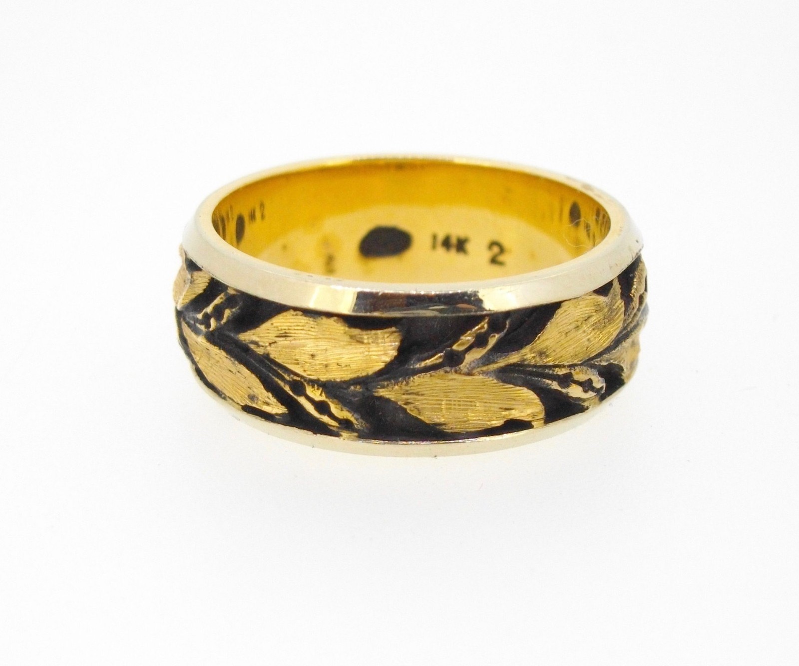 Band ring Pond 14k yellow gold 9 mm wide size 11 oxidized leaf design heavy eBay