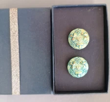 BUTTONS, Set of 2, with shank. Metallic floral design. Approx 1.8cm. Boxed, new
