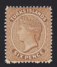 1881 TURKS ISLANDS 6p OLIVE BRN, CROWN & CC, SCOTT #41, VERY LIGHTLY HINGED $165
