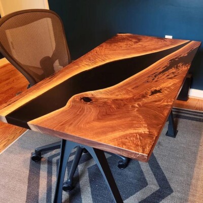 Walnut Wood Black Epoxy Dining Table , Epoxy River Living Room Table Furniture