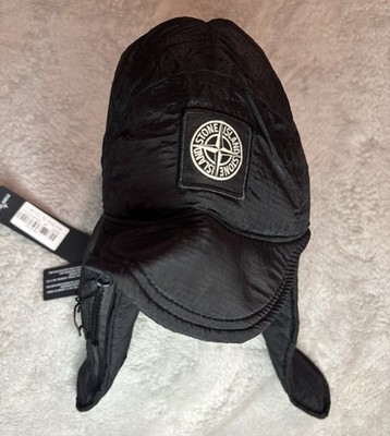Stone Island Black Trapper Hat for Men with Ear Flap Adjustable
