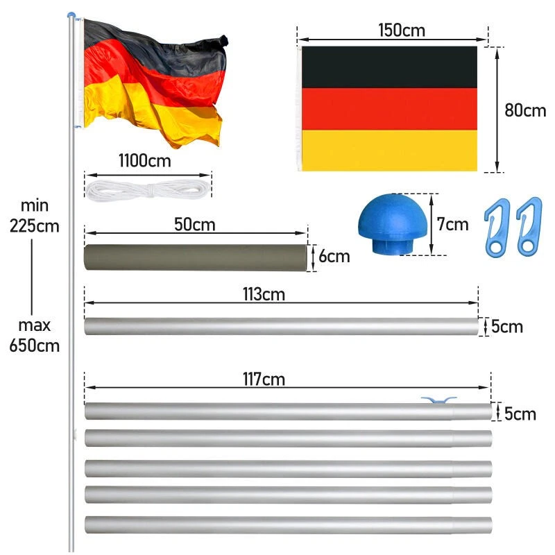 Fahnenmast Mast Flagge Alu Fahnenstange 6.5m inkl Deutschlandfahne Teleskop - Bild 2 von 4