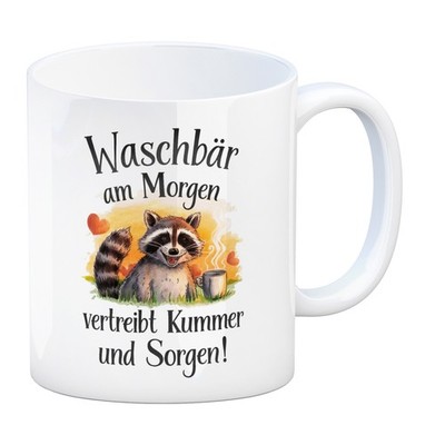 Glücklicher Waschbär mit Tasse Kaffeebecher Waschbär am Morgen