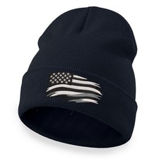 Distressed American Flag Embroidered Cuffed Beanie Patriotic Knit Winter Hat