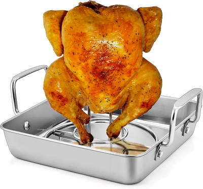 Beer Can Chicken Holder with Roasting Pan Set, 9-Inch Stainless Steel Square Bak