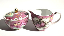 GRACE SET OF 3 PCS PORCELAIN FLORAL PINK MAGENTA CREAMER JAR, SUGAR HOLDER & LID
