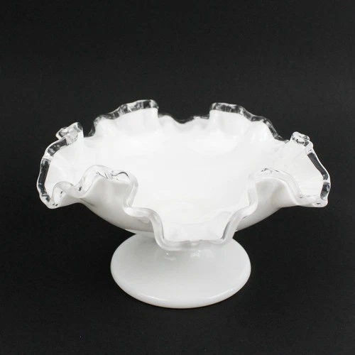 Vintage Fenton Silver Crest Milk Glass Pedestal Candy Dish 4" Tall 7" Wide