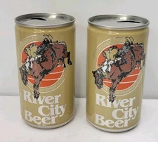 RIVER CITY BEER Pull Tab Cans Bucking HORSE & RIDER Falstaff Omaha NEBRASKA 1982