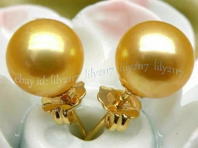 Perfect Genuine Natural Round South Sea Gold Pearl Stud Earrings 14k Yellow Gold