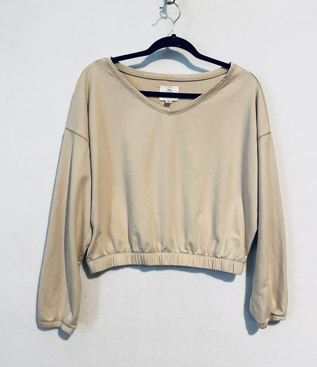 Aerie Offline Cropped Sweatshirt Womens Medium V Neck Tan Long Sleeve Loungewear