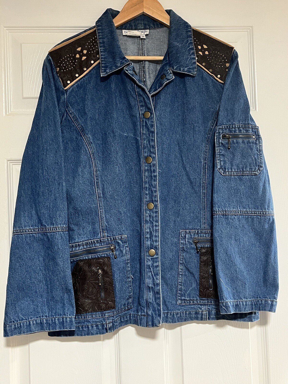 Vintage Denim Jacket Womens 18 Leather Hand Hammered Western Cowgirl Y2K Snaps-image