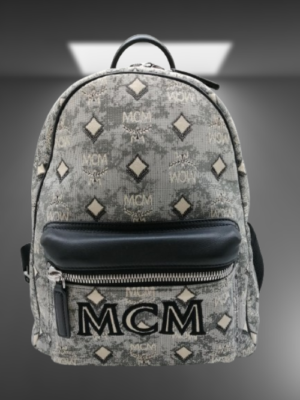 MCM Vintage Monogram Jacquard Canvas Backpack Gray Black Leather  