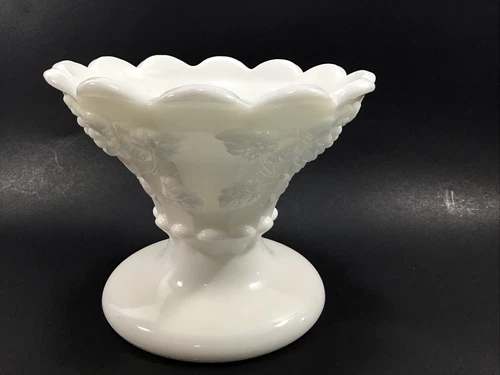 Vintage Westmoreland Milk Glass Paneled Grape Compote Footed Pedestaled Ruffled