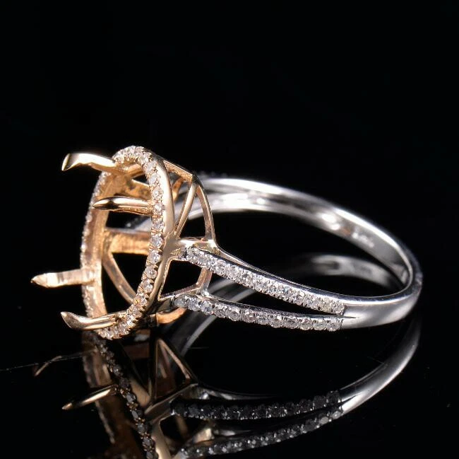 14K Two-Tone Gold Oval 12x9mm Natural Diamond Split Shank Ring Semi Mount - Image 3 of 4