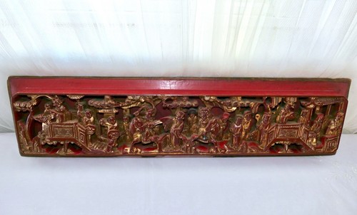 Qing Chinese Hand Carved Red Gold-Gilt High Relief Heavy Wood Temple Scene Panel - Picture 4 of 14