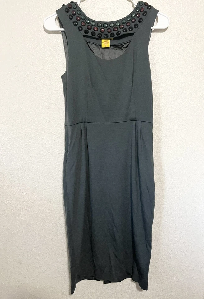 CATHERINE MALANDRINO Size Medium Black Wool Beaded Sleeveless Dress EUC - Image 2 of 4