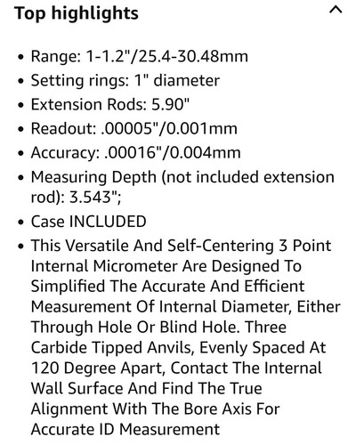 BRAND NEW Electronic Internal Micrometer 1 - 1.2"/25.4 - 30.48mm, 0.00005"/0.0 - Picture 2 of 7