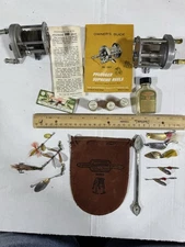 Vintage Pflueger Supreme 1573 Fishing Reel Bag with papers and other items 