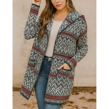 ASPEN Womens Wool Chunky Gray Fair Isle Nordic Open Front Sweater sz M Cabincore