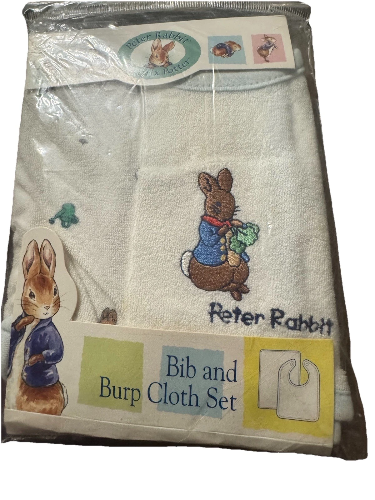 Vintage 2001 Peter Rabbit Bib & Burp Cloth Set NIP Beatrix Potter Baby- Cottage