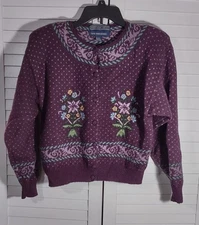 VTG Herman Geist Hand Embroidered Cardigan  L Button Up Wool blend floral 