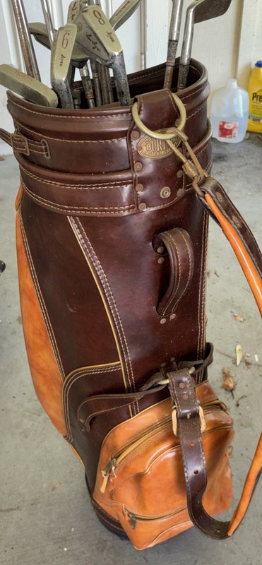 VTG Burton Brown Leather Golf Bag-MINT COND MadeinUSA 11 Clubs Picturd Rainguard