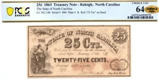 1863 25 Cents State of North Carolina, Raleigh Obsolete Note -PCGS 64! Lovely CU
