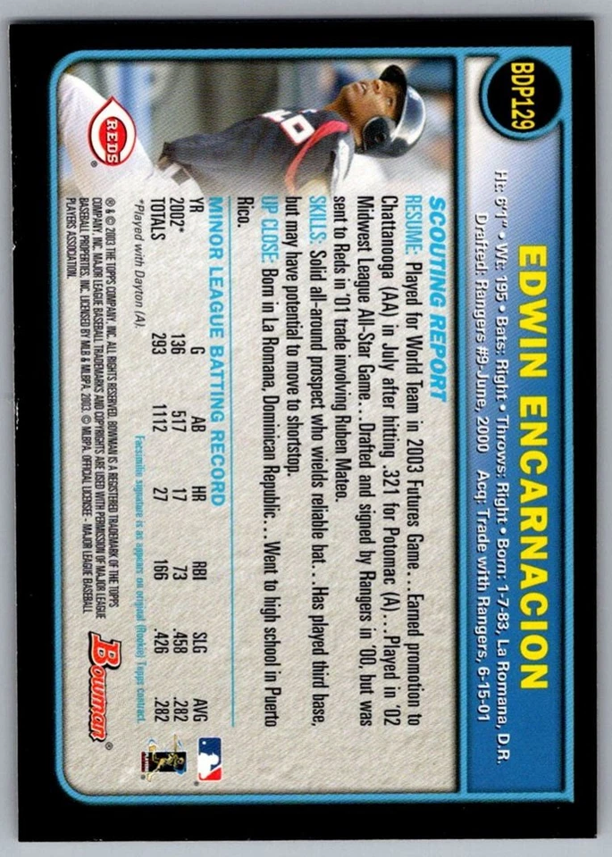 2003 Bowman Draft Picks & Prospects Edwin Encarnacion Cincinnati Reds #BDP129 - Image 2 of 2