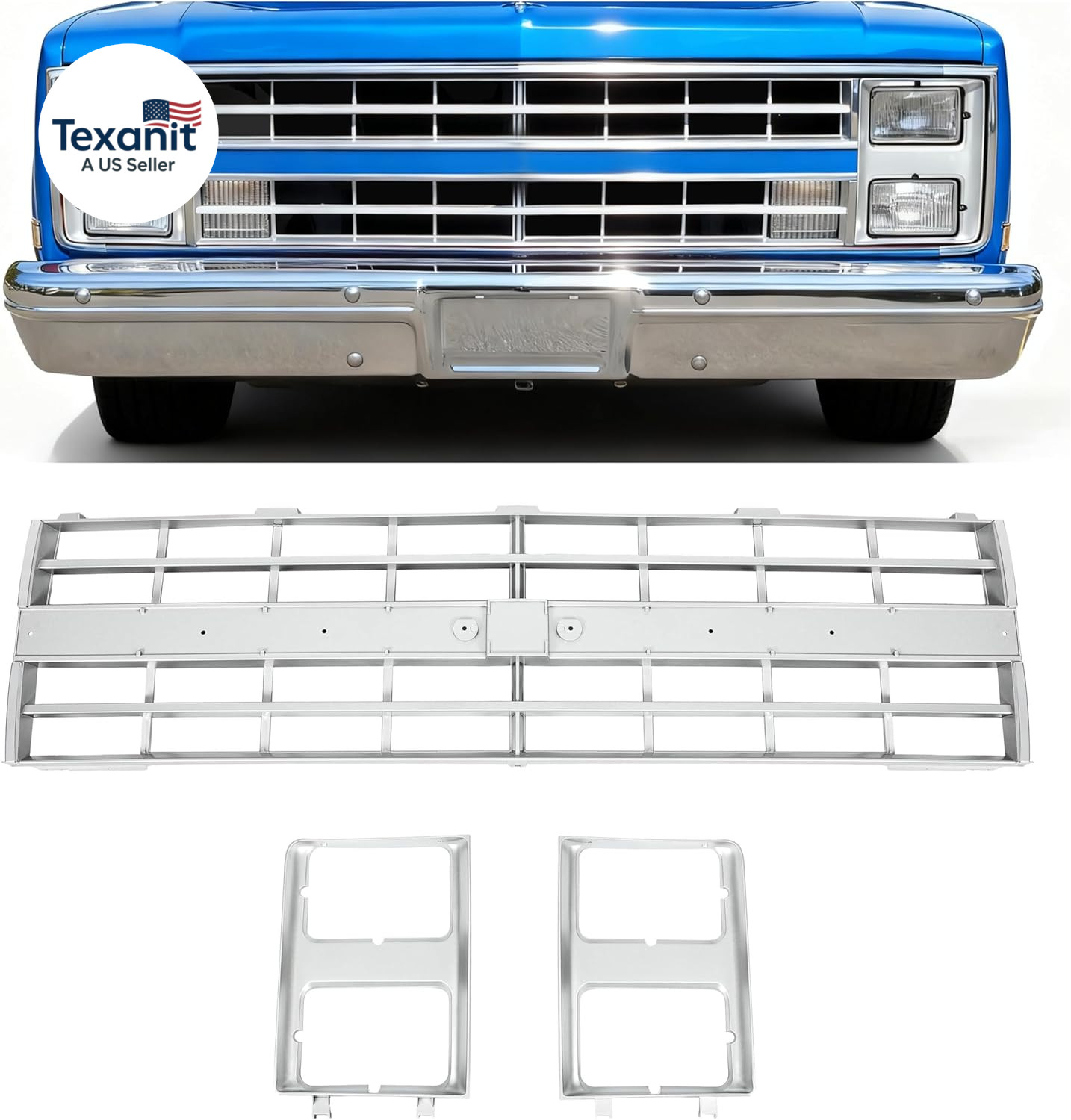 Front Grille Grill & Headlight Bezel Compatible with 1985-1988 Chevy C10/C20/C30