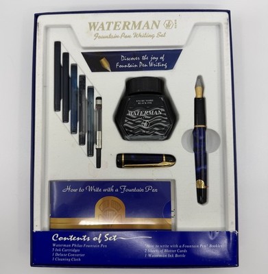 Waterman Paris Purple Blue Phileas Marble Fountain Pen Writing Set Box Ink