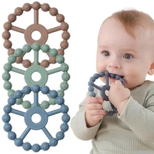3 Pack Ring Teether Baby Infant Toys, Essentials, Brown Green Blue 
