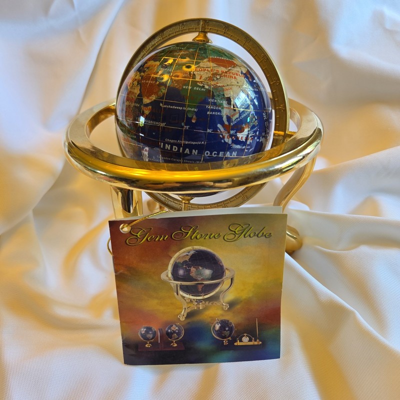 Vintage Semi Precious Gem Stones Heavy Globe W/Brass Stand 10” Tall